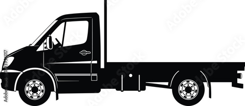 Black and white vector silhouette of a commercial flatbed truck or delivery van for logistics transportation cargo shipping and industrial haulage service business concepts
