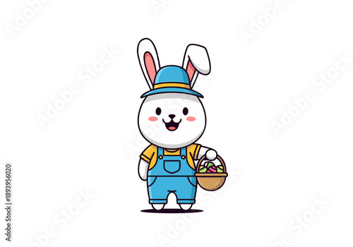 Easter Sunday celebration with cartoon bunny holding eggs in a basket, wearing blue overalls and hat, standing alone in a simple setting.