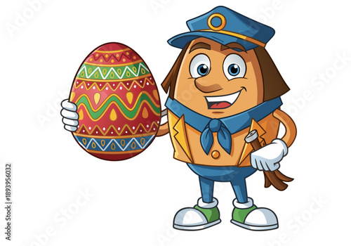 Easter Sunday celebration cartoon character holding giant decorated egg with colorful patterns and festive attire standing happily