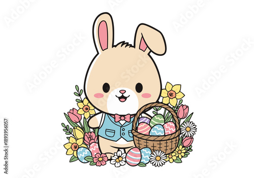 A cartoon bunny with Easter eggs on Easter Sunday surrounded by flowers and a basket