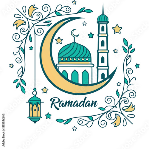 Minimal Ramadan illustration with a crescent moon surrounding a mosque, hanging lantern, small stars, and elegant floral swirls
