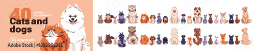 Set of front and back views of different breeds of cats and dogs. Sitting and turning away pets. Cute and funny domestic animals: kitties and puppies. Flat isolated vector illustrations on white