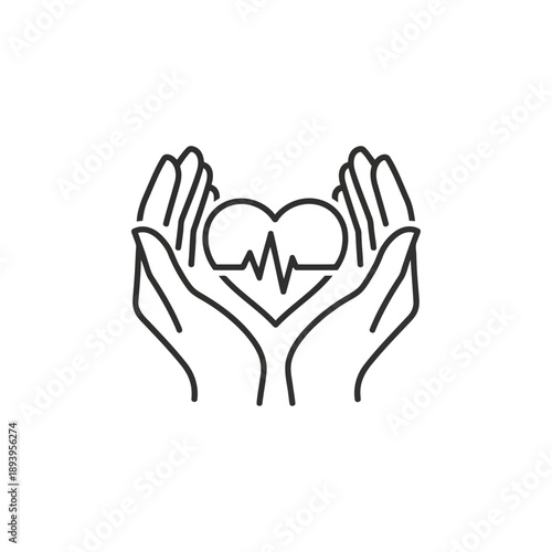 Hands holding heart with heartbeat line in minimalist line art style on white background for healthcare logo