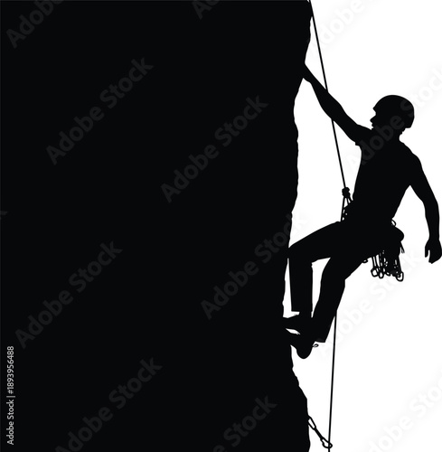 Black and white vector silhouette of a professional climber scaling a steep rock cliff with ropes and safety gear for extreme sports adventure concepts