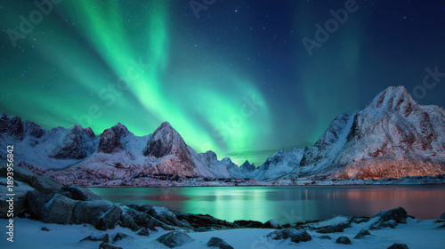 Northern light aurora borealis snowy mountain winter landscape night sky star fjord reflection over calm water