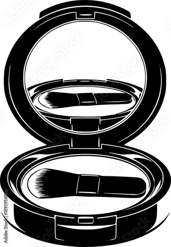 Round compact powder box with mirror and applicator brush, representing beauty and cosmetic tools
