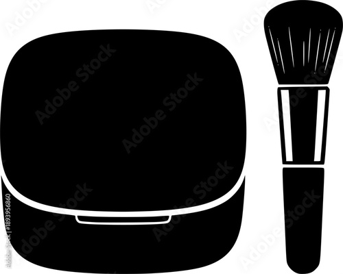 Simple black icon of closed cosmetic compact case next to vertical makeup applicator brush solid shape
