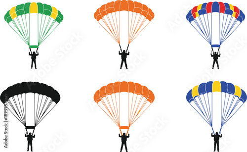 Parachute skydiver silhouettes set, colorful parachuting people, extreme sport vector illustration, isolated on white background, design collection clipart graphic art