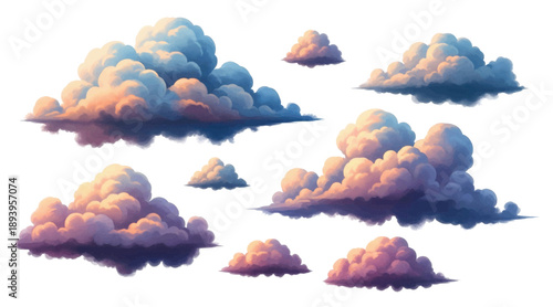 Watercolor cloud illustrations set on a white background for design elements.