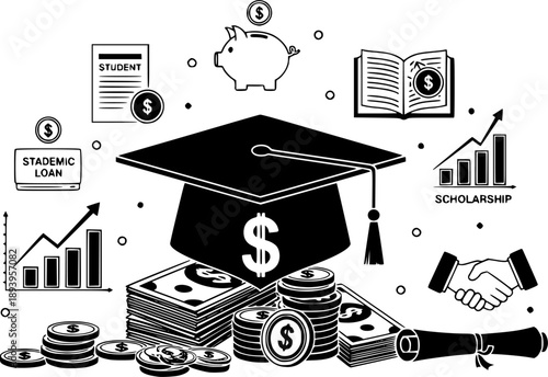 Graduation cap with dollar sign icon university education costs academic debt financial aid scholarship investment
