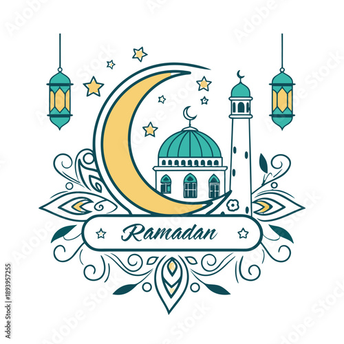 Minimal Ramadan illustration with a crescent moon surrounding a mosque, hanging lantern, small stars, and elegant floral swirls