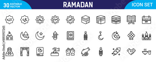 Ramadan Line Icon Set – Islamic Thin Outline Icons Collection Including Eid Mubarak, Mosque, Muslim, Mecca, Lantern, Camel, Quran and Prayer Symbols, Editable Stroke, Modern Vector Illustration