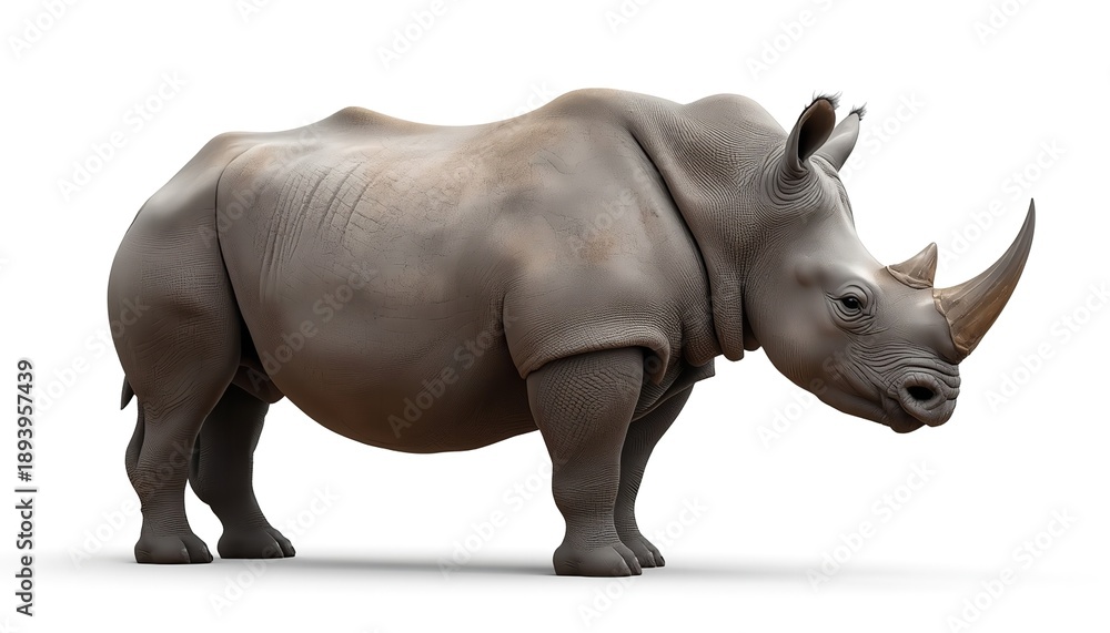 Obraz premium A large gray rhinoceros stands on a white background with its head turned to the right