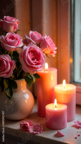 Bouquet of pink roses in glass vase and lit wax candles on blurred background creating romantic ambiance. Love vibe. Valentine's day card. Beautiful flowers on windowsill at home. Candlelight warmth.