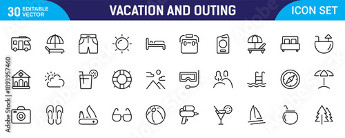 Vacation and Outing Line Icon Set – Travel, Camping and Tourism Thin Outline Icons Collection Including Camp, Tent, Hiking, Kayak, Tour and Outdoor 