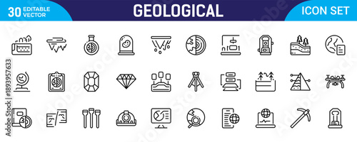 Geological Outline Icon Set – Mining and Earth Science Thin Line Icons Collection Including Ground, Geology, Mining, Earth and Exploration Symbols, Editable Stroke, Modern Vector Illustration
