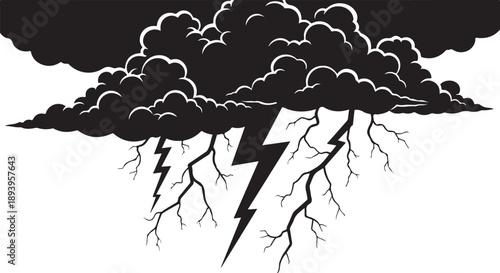 Dramatic Black Cloud with Lightning Bolt and Thunderstorm Illustration