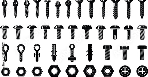 Professional Vector Collection of Industrial Fasteners, Screws, Bolts, Nuts, and Wall Plugs Icons for Construction, Engineering, and DIY Hardware Projects