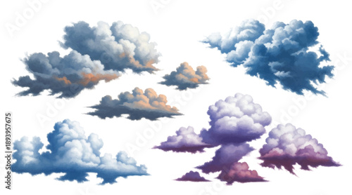Abstract watercolor clouds on white background. Set of vector pastel colored paint stains