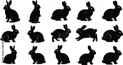 Rabbit and bunny silhouette set, easter hare icons collection, cute forest animal shapes, jumping pet cad drawing flat vector illustration