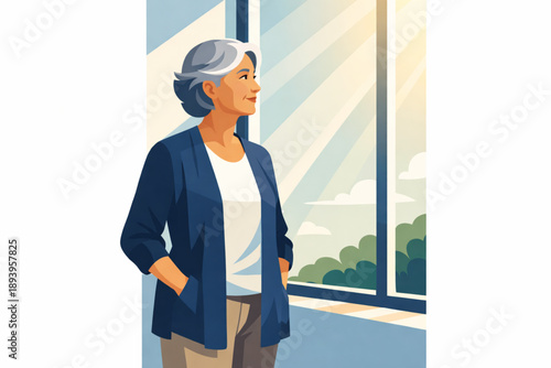 Mature Woman Sunlit Window Resilience Illustration