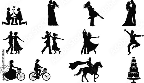 Romantic wedding silhouette collection with dancing couples, marriage proposal icons, bride and groom on bicycle, horse riding, and celebration cake.