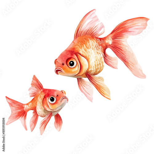 A Mother Goldfish With Her Kid, high quality watercolor illustration with transparent textures, isolated on a white background.