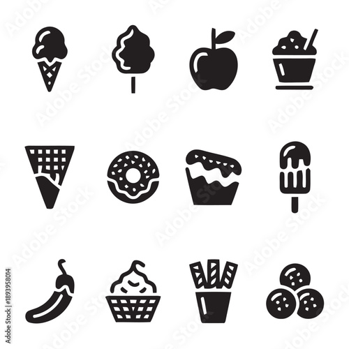 Assortment of twelve sweet treat icons like ice cream cones donuts cupcakes popsicles and cotton candy