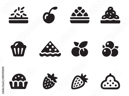 Assortment of sweet dessert icons featuring cakes pies cupcakes muffins tarts and various fruits like cherries blueberries and strawberries representing baked goods