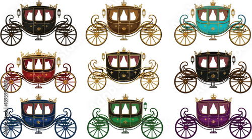 Royal carriage collection set with gold ornaments, luxury vintage horse drawn coaches, antique fairytale transport icon, cad drawing flat vector illustration, elegant chariot.