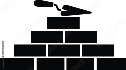 Minimal vector silhouette, stack of bricks with trowel on top, solid black, isolated on white.
