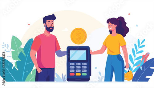 vector Man and Woman Making Contactless Payment