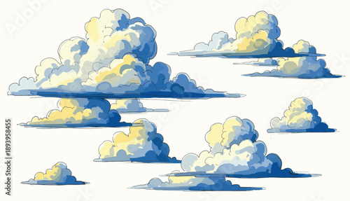 Whimsical set of colorful watercolor clouds in soft pastel hues on white background, perfect for digital designs, invitations, and creative visual elements.