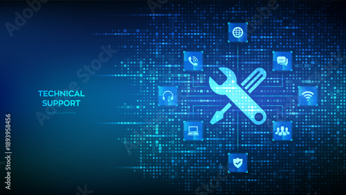 Technical support icon made with binary code. Online tech support concept. Customer help. Customer service tech icons connections. Binary digital background with digits 1.0. Vector Illustration.