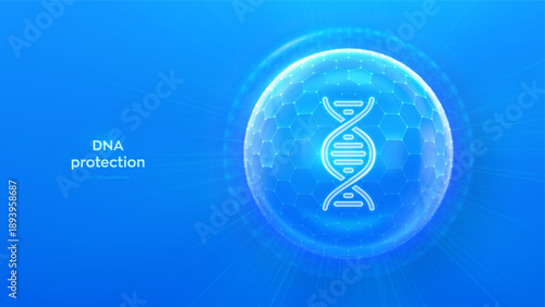 DNA protection. Genetic protection, genetic data protection concept. Secure genome, genetic privacy, biotechnology safety. DNA icon inside protective sphere shield with hexagonal pattern. Vector.