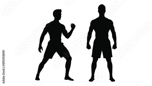 Two male silhouettes demonstrate fighting stances one mid punch the other defensive