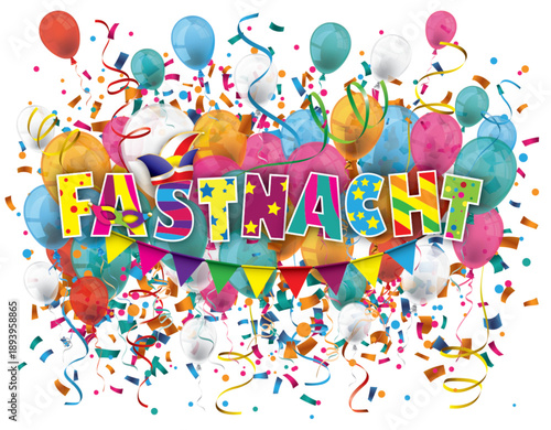 Fastnacht Cover mit bunten Luftballons, Konfetti und Girlanden