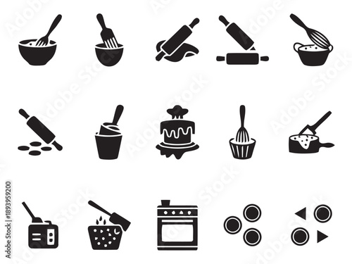 Collection of black and white baking and cooking icons on a white background. Illustrations of baking tools and desserts. Simple kitchen utensils and sweet treats.