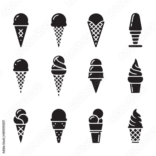 Collection of black and white ice cream cone icons on a white background. Illustrations of various ice cream flavors and styles. Frozen dessert icons.
