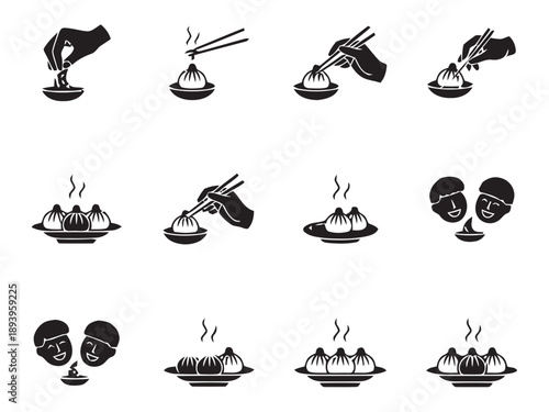 Collection of black and white icons depicting people eating and serving dim sum dumplings on a white background. Illustrations of Asian food enjoyment.