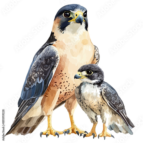 watercolor of A Mother Falcon With Her Kid graphic, isolated on a white background.