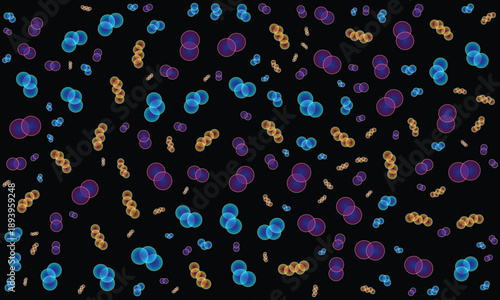 colorful molecular particles on black background design, neon glowing molecule pattern floating spheres on black, abstract background with colorful atoms and molecules