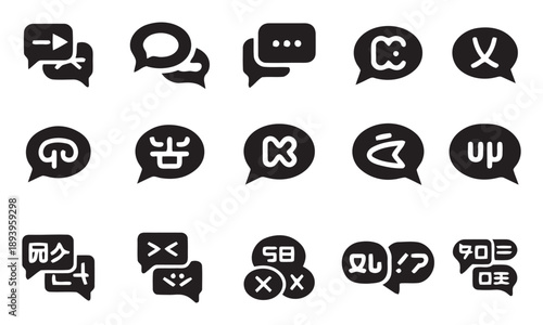 Collection of chat bubbles, speech icons, and communication symbols for messaging, dialogue, discussion, and social media, diverse graphic elements