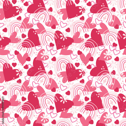 Pink, seamless vector pattern with hand-drawn rainbows, heart. Fashionable children's texture.