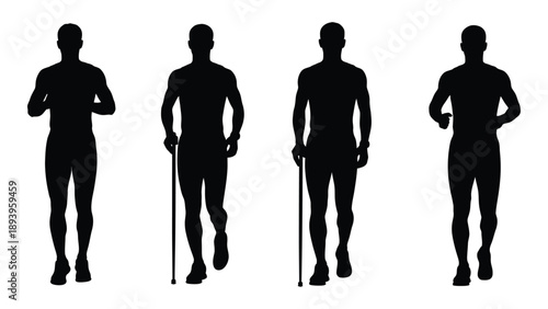 Silhouette series depicting a man walking with and without walking sticks