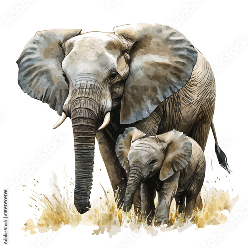 A Mother Elephant With Her Kid, beautiful watercolor illustration with vivid colors and detailed vector style, isolated on a white background.