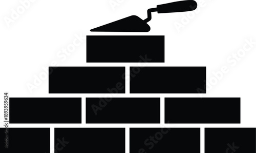 Minimal vector silhouette, stack of bricks with trowel on top, solid black, isolated on white.