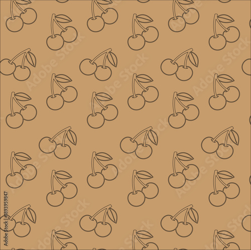 Seamless cherry fruit line art pattern brown background texture