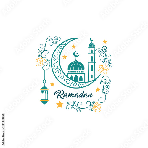 Minimal Ramadan illustration with a crescent moon surrounding a mosque, hanging lantern, small stars, and elegant floral swirls