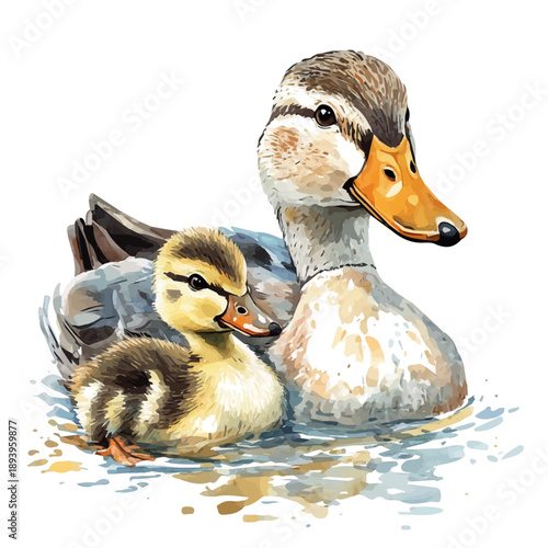 A Mother Duck With Her Kid, beautiful watercolor illustration with vivid colors and detailed vector style, isolated on a white background.